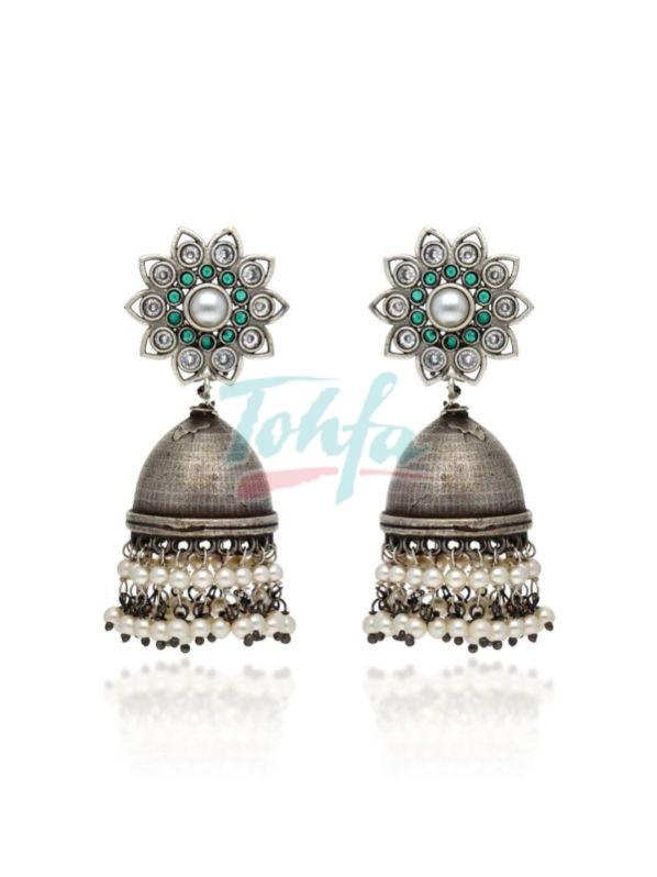 SIA369695 Silver Finish Oxidised Jhumka Earrings