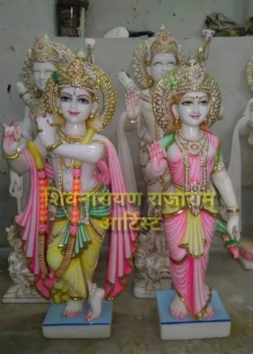 Painted Marble Radha Krishna Statue