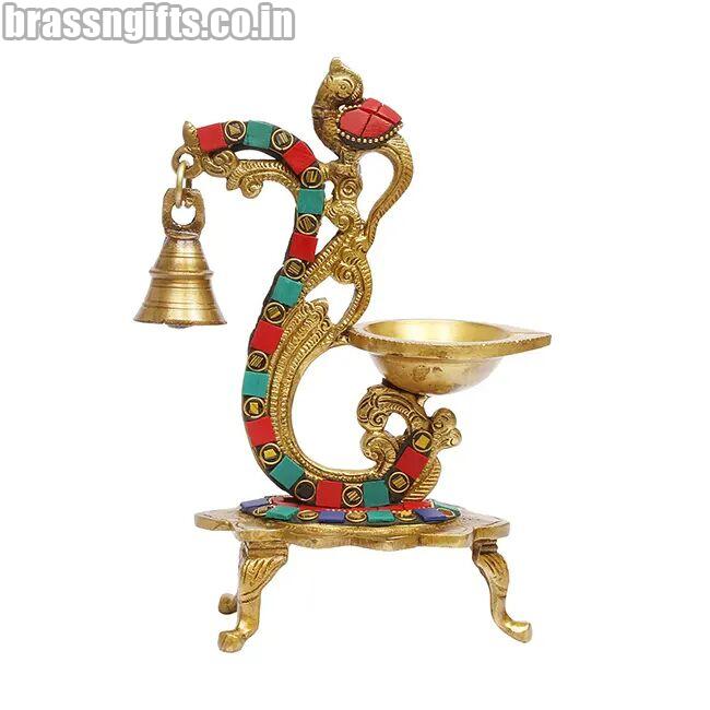 Brass Diya With Bell And Holding With Brass Table