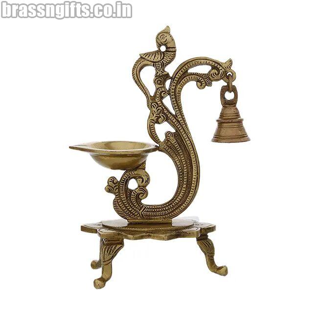 Brass Parrot Showpiece Diya with Bells
