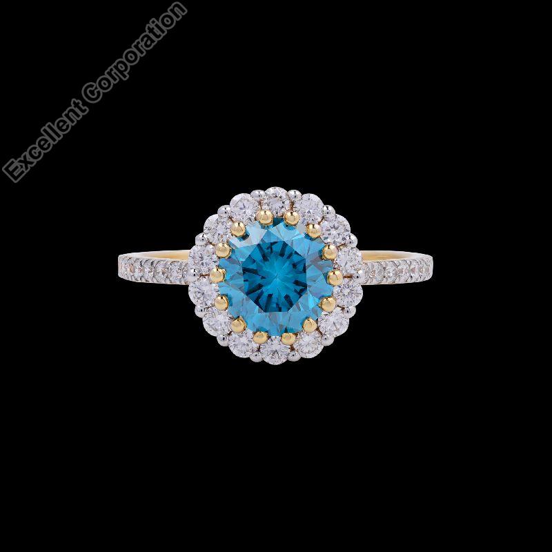 Treated CVD Stone Round 1.55ct VS Clarity 14k White Gold Halo Blue Diamond Ring