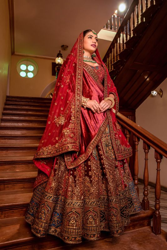 Ladies Designer Red Velvet Bridal Lehenga Choli Manufacturer Supplier from Surat