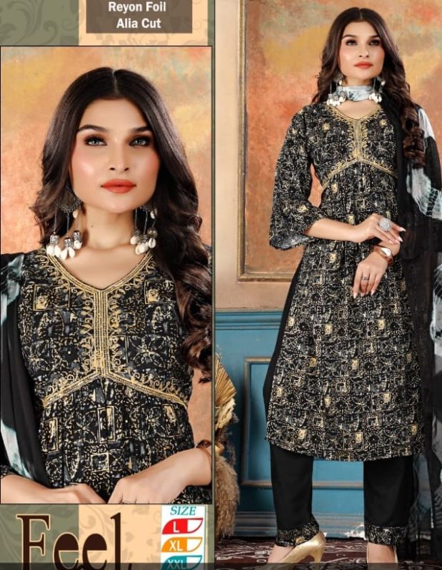 Black Printed Rayon Alia Cut Suit