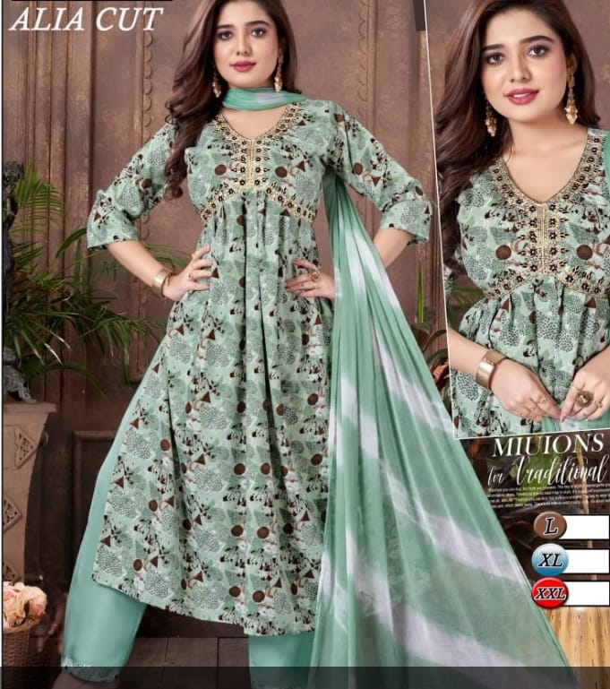 Green Printed Rayon Alia Cut Suit