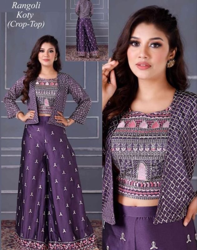 Purple Ladies Georgette Crop Top Palazzo Set