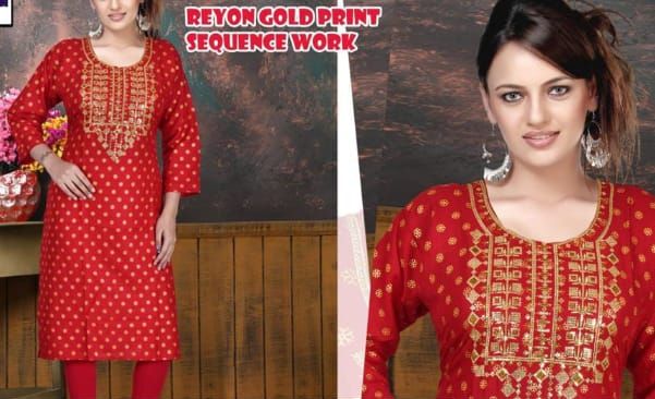 Red Ladies Gold Printed Rayon Kurti Set