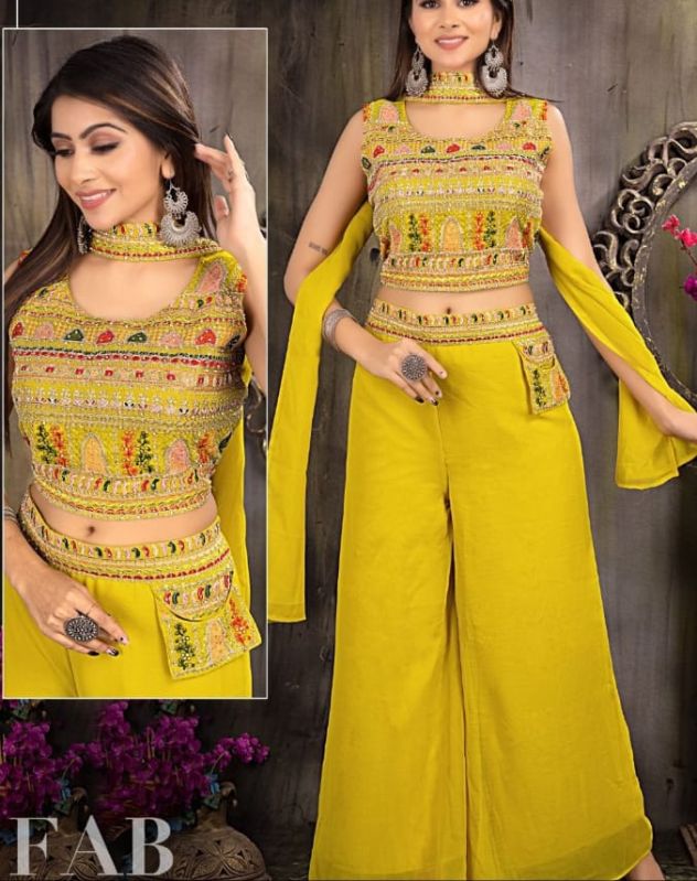 Yellow Ladies Crop Top Palazzo Set