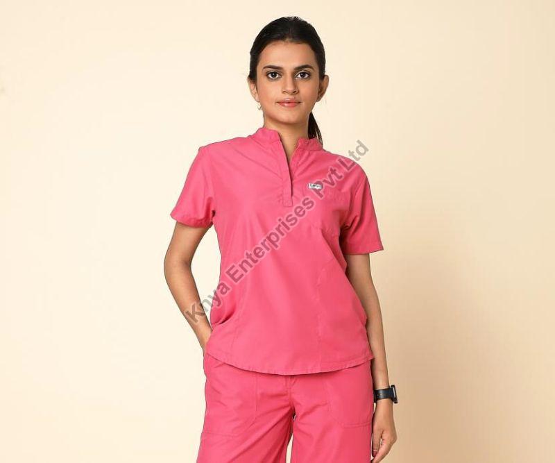 Knya Classic Womens Hot Pink 5-pocket Mandarin Scrub Suit