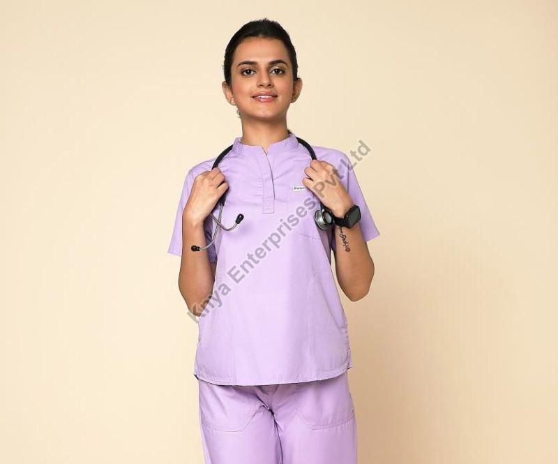 Knya Classic Womens Pastel Lilac 5-Pocket Mandarin Scrub Suit