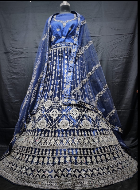 Blue Velvet Bridal Lehenga Choli In Stone Work Latest 2908LG02