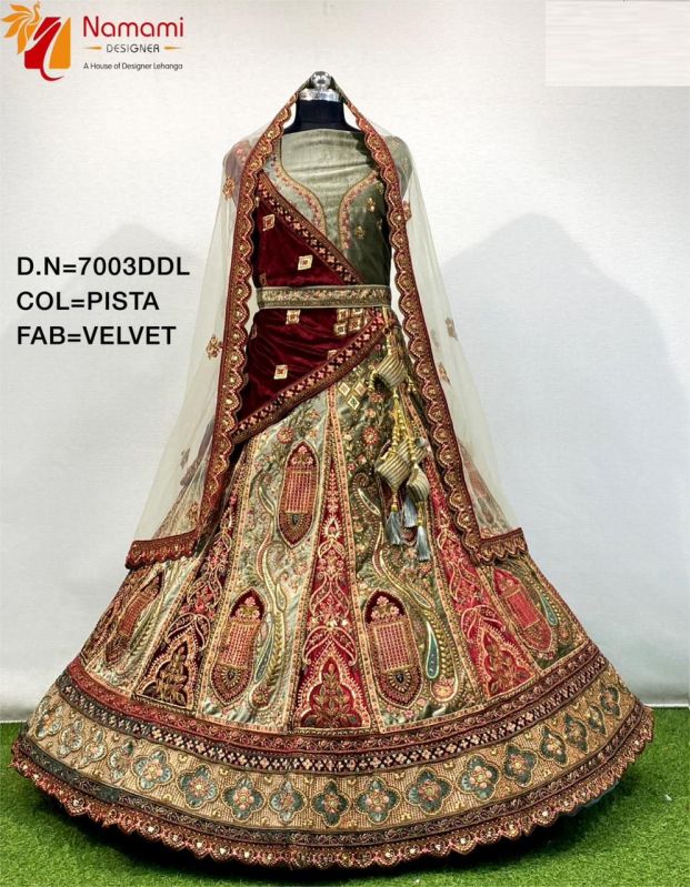 Pista Velvet Bridal Lehenga Choli