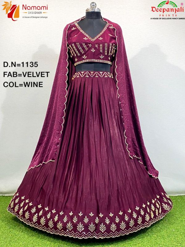 Wine Velvet Bridal Lehenga Choli