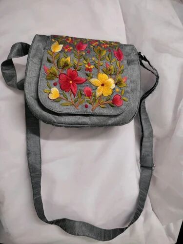 Grey Embroidered Sling Bag