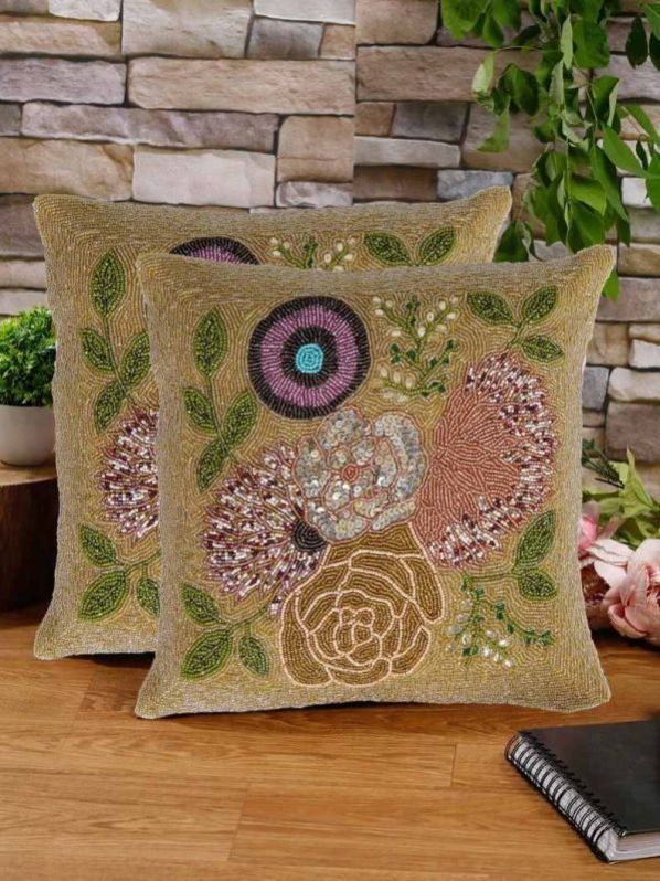 Rose Gold Floral Hand Embroidered Beaded Cushion Covers