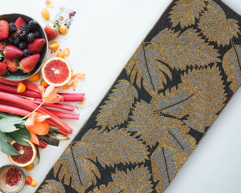 Handmade Palm Leaves Golden Black Beaded Table Runner