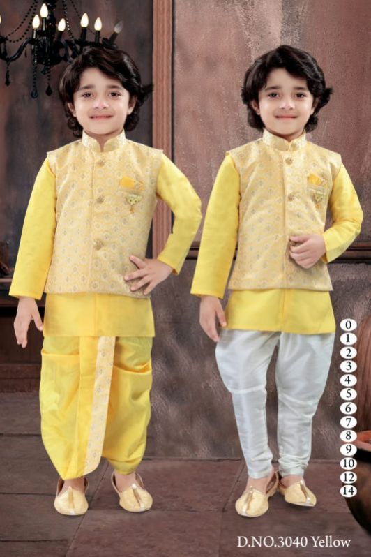 0-14 Years Boys Yellow Dhoti Kurta Combo Set