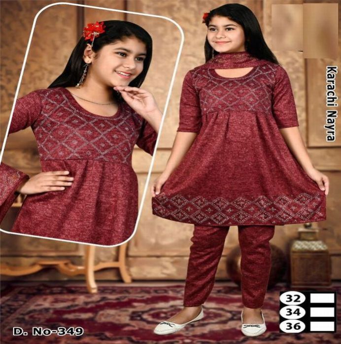Girls Karachi Wool Nayra Cut Kurti Pant With Dupatta