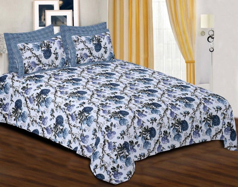 Blue Floral Print Cotton Bed Sheet