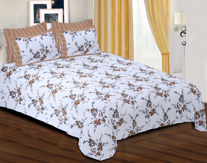 Brown and White Cotton Printed Bed Sheet