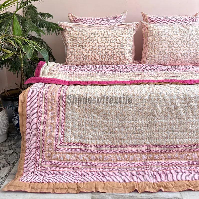 Cotton Floral  Printed Double Bed Quilt With Pillow Covers