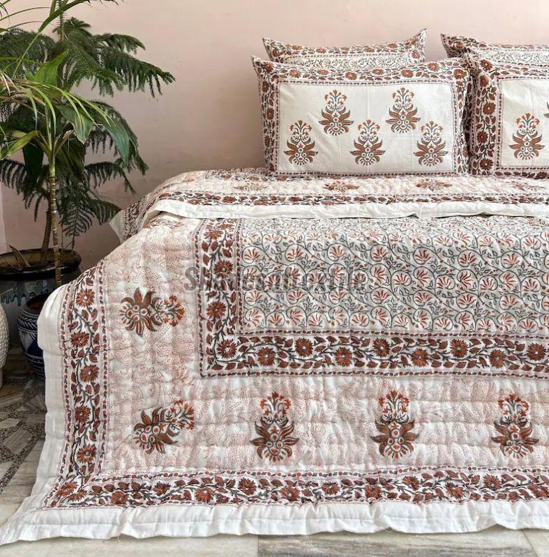 Reversible Hand Block Print Double Bed Quilt With Pillow Covers