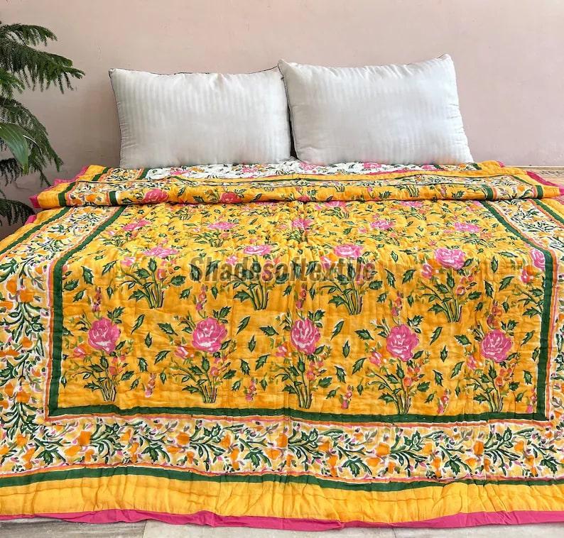 Handmade Floral Design Double Bed Quilt With Pillow Covers