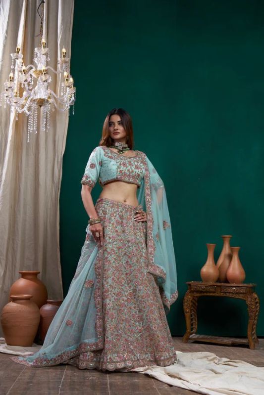 Ladies Dusty Blue Multi Embroidered Lehenga