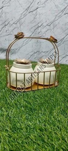 Oval Metal Basket With White Jar Set