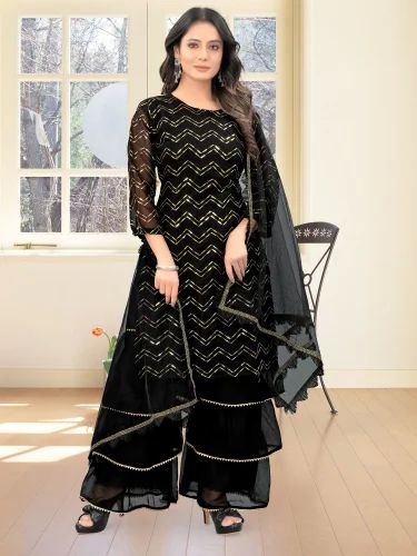 Black Georgette Embroidered Sharara Suit