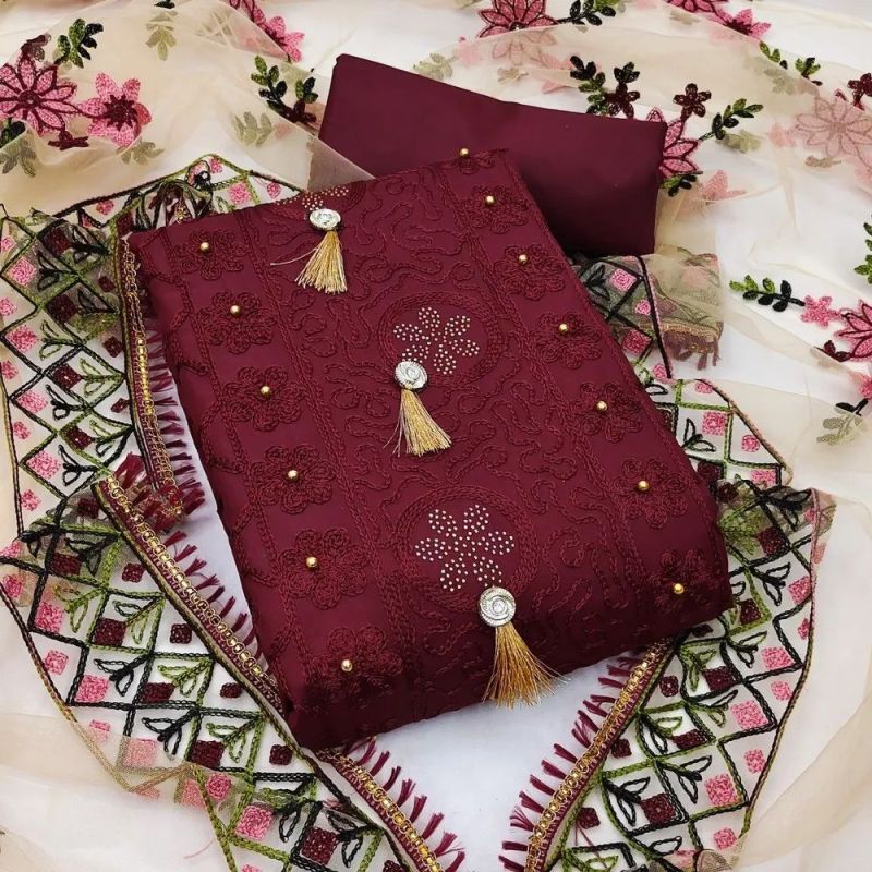 Ladies Maroon Georgette Embroidery Unstitched Suit