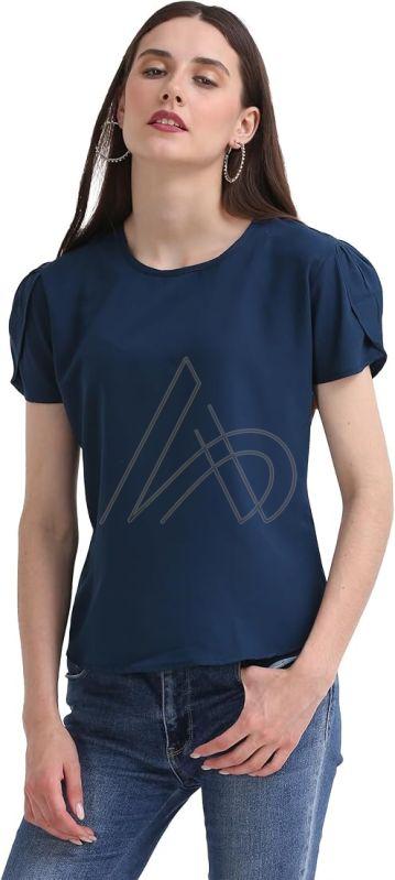 Ladies Cotton Navy Blue Round Neck T-Shirts