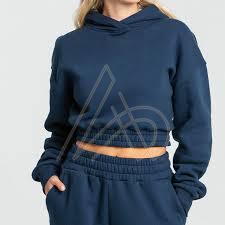 Ladies Crop Navy Blue Cotton Hoodies