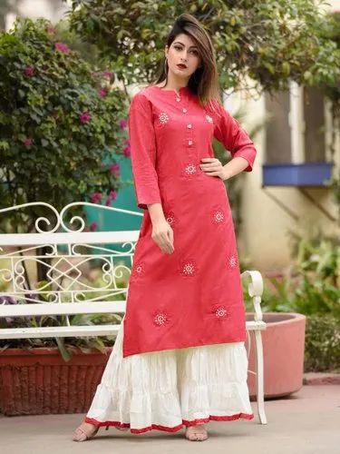 Ladies Cotton Embroidered Kurti Palazzo Set