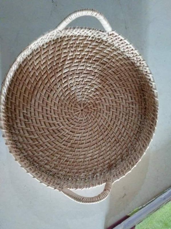 Cane Round Serving Tray with Handle