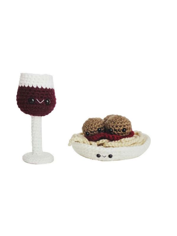 Crochet Stuffed Spaghetti Meatballs & Wine Toy Set