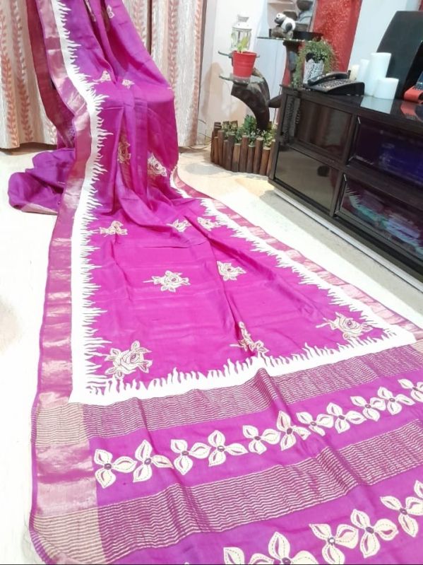 Block Printed Zari Border Tussar Silk Saree