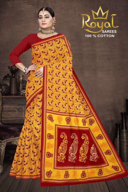 Aaradhya Yellow & Red Cotton Saree