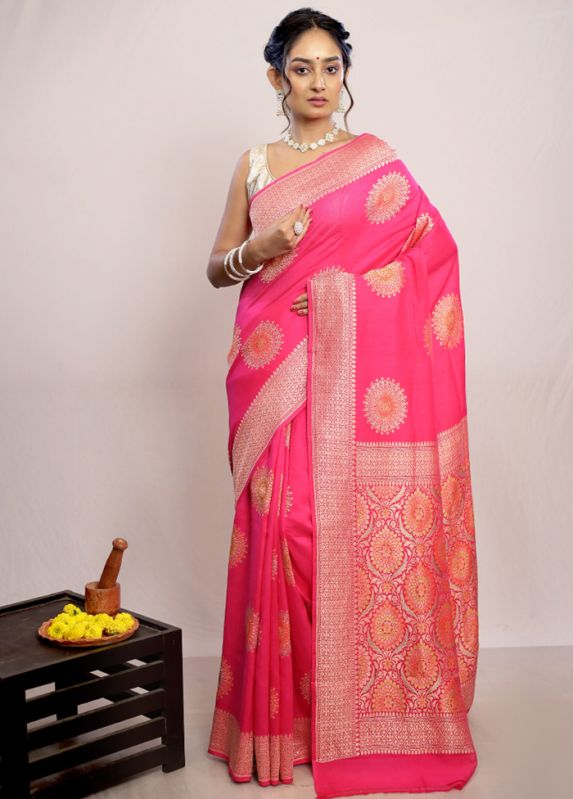 Dark Pink Khaddi Georgette Handloom Banarasi Saree