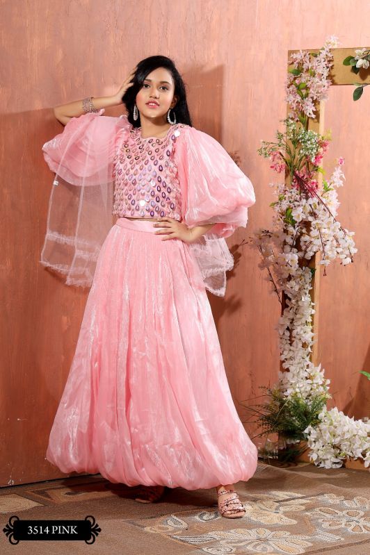 Girls Baggy Sleeves Pink Lehenga