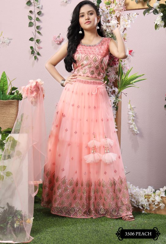 Girls Designer Peach Color Zari and Gota Work Lehenga