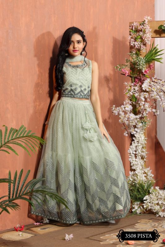 Girls Designer Pista Lehenga with Zari Thread Work Blouse