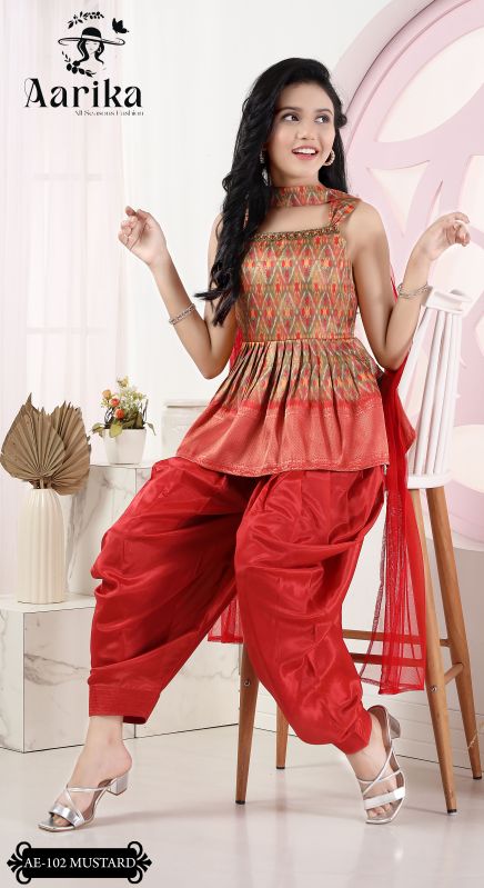 Girls Designer Silk Jacquard Fabric Dhoti Kurta Set