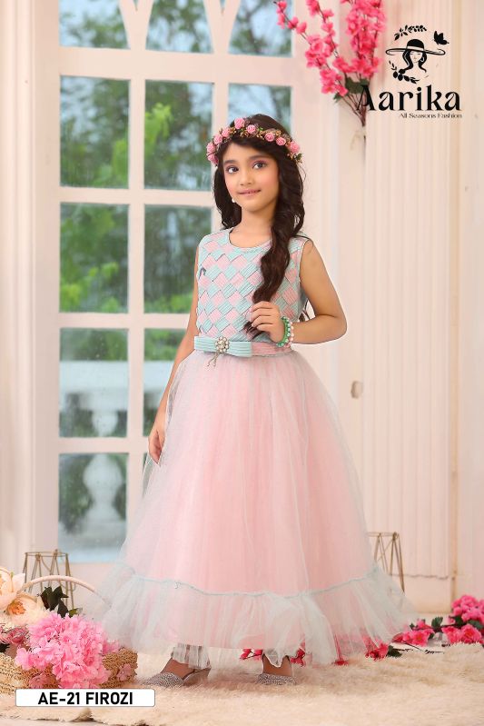 Girls Firozi Color Nylon Net Fabric Gown