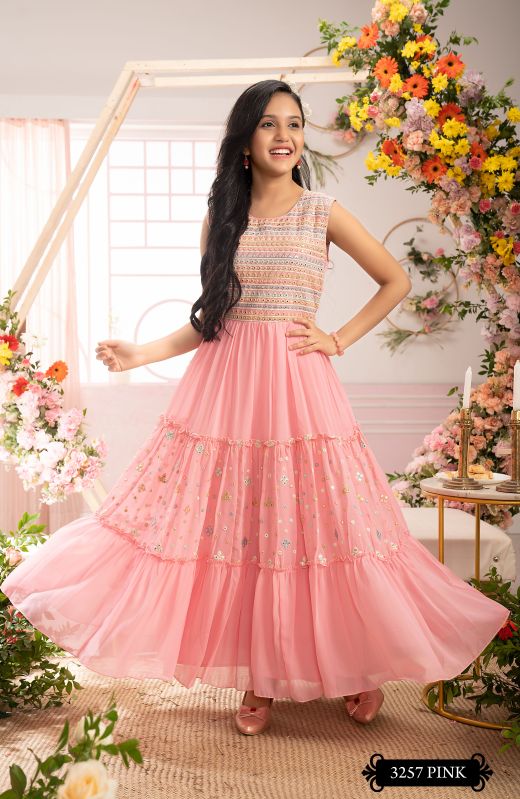 Girls Georgette Pink Sequence Work Gown