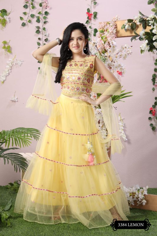 Girls Lemon Color Sequence Thread Work Lehenga