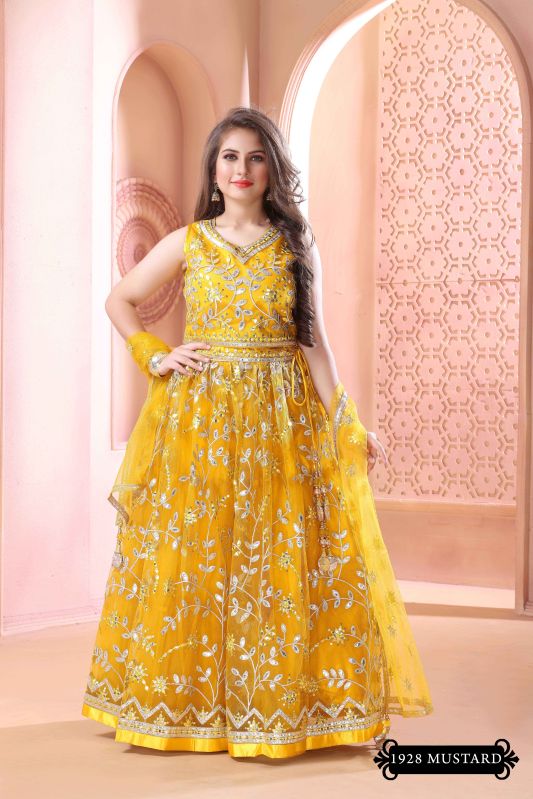 Girls Mustard Color Lehenga with Cut Sleeve Blouse