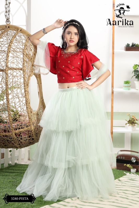 Girls Ruffle Lehenga with Silk Top