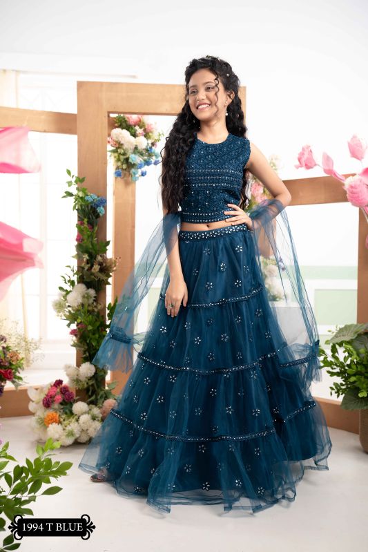 Girls T Blue Color Silver Mirror Work Lehenga