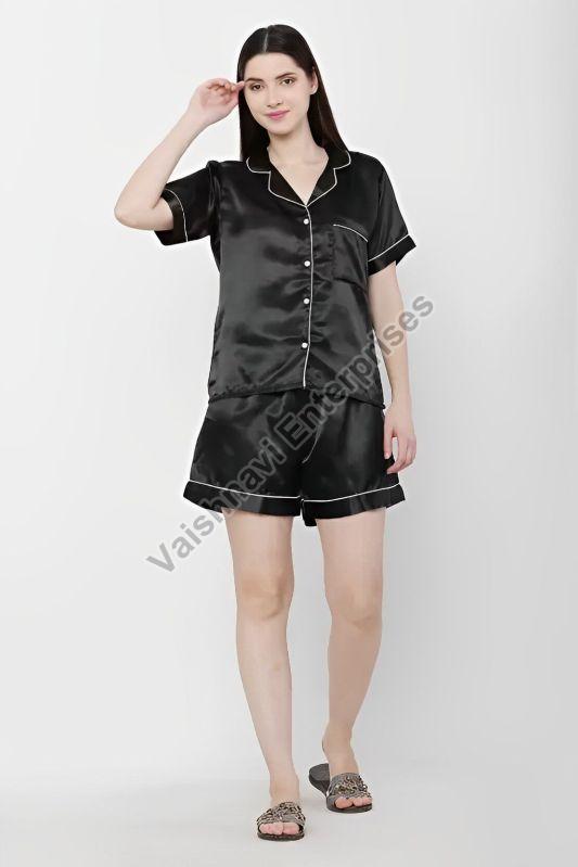 Satin Black Ladies Short Night Suit