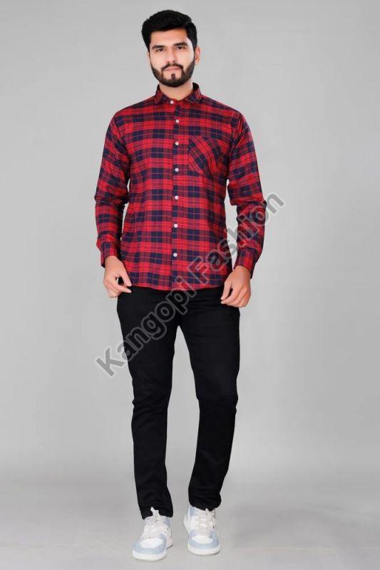 Mens Red Printed Checked Cotton Shirt